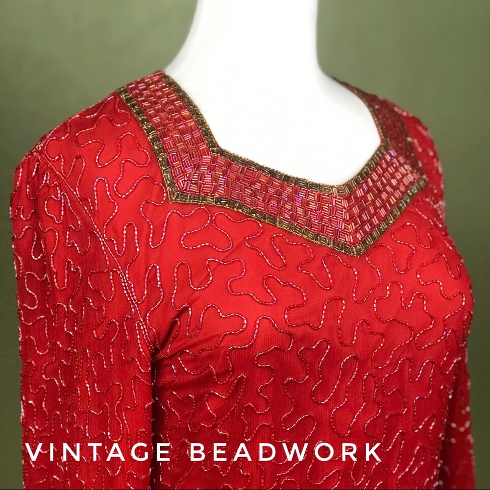 Red Beaded Party Tunic Top - Small